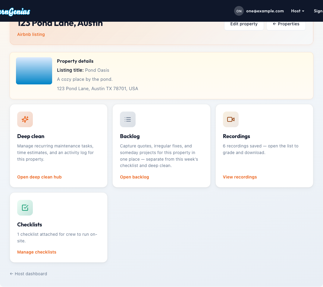 Hub bien : listes, enregistrements, grand nettoyage et backlog (exemple issu de l’app de test)
